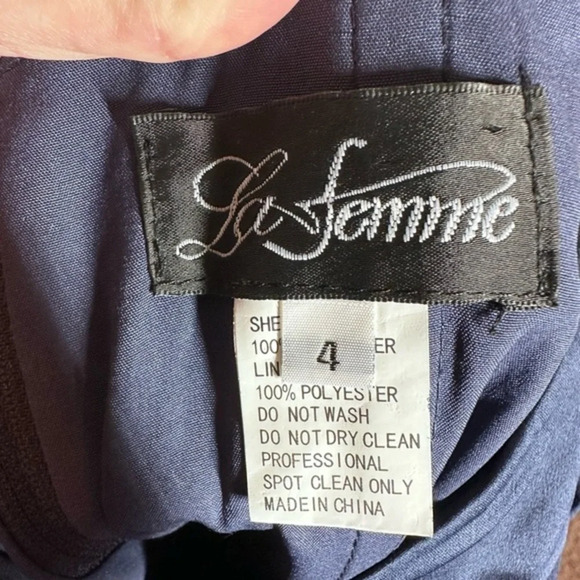 La Femme Satin Off the Shoulder Dress with Beaded Sleeves - Picture 7 of 8